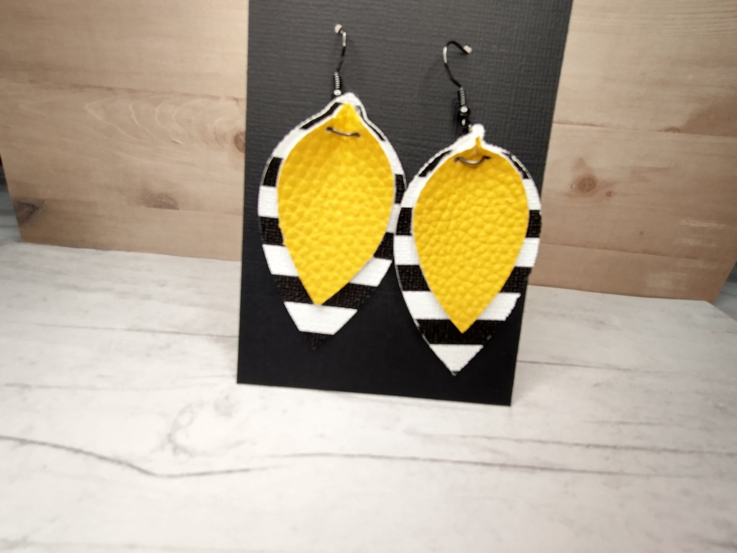 Mustard Yellow & White/Black Strips Faux Leather Earrings - Merlscreations