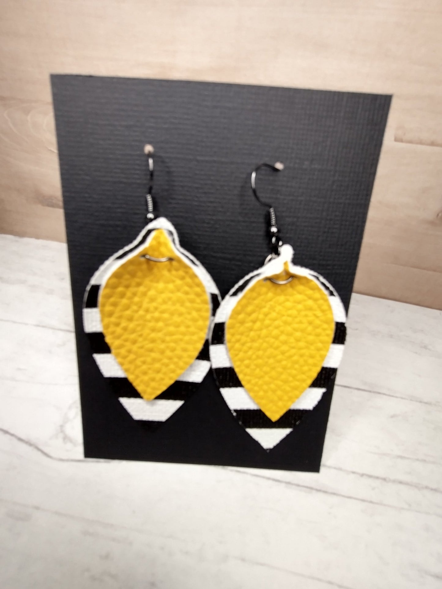 Mustard Yellow & White/Black Strips Faux Leather Earrings - Merlscreations