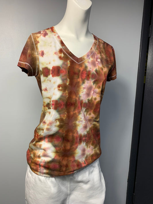 201 Women's V-Neck Large Chocolate Brown and White Tie Dye Shirt - Merlscreations