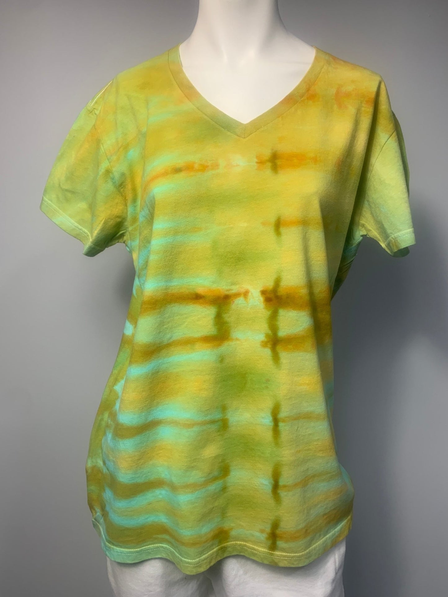 206 Womens V-Neck XL Green Yellow Stripes Shirt - Merlscreations