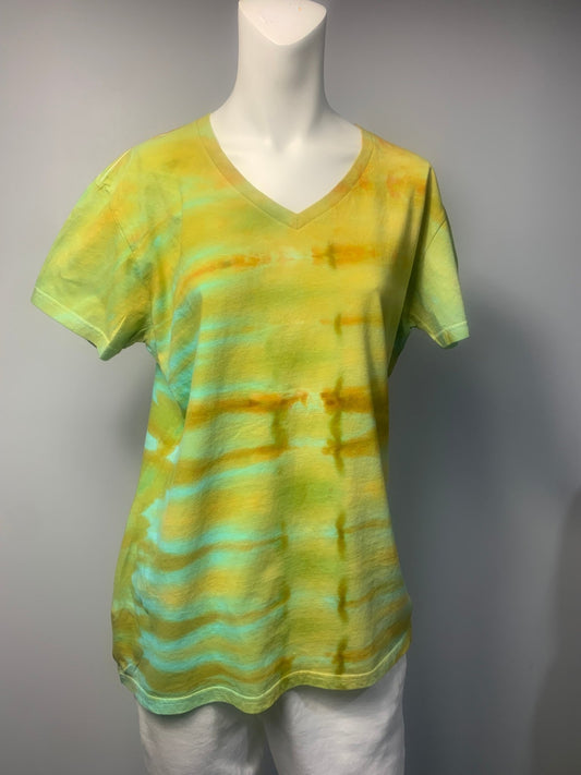 206 Womens V-Neck XL Green Yellow Stripes Shirt - Merlscreations
