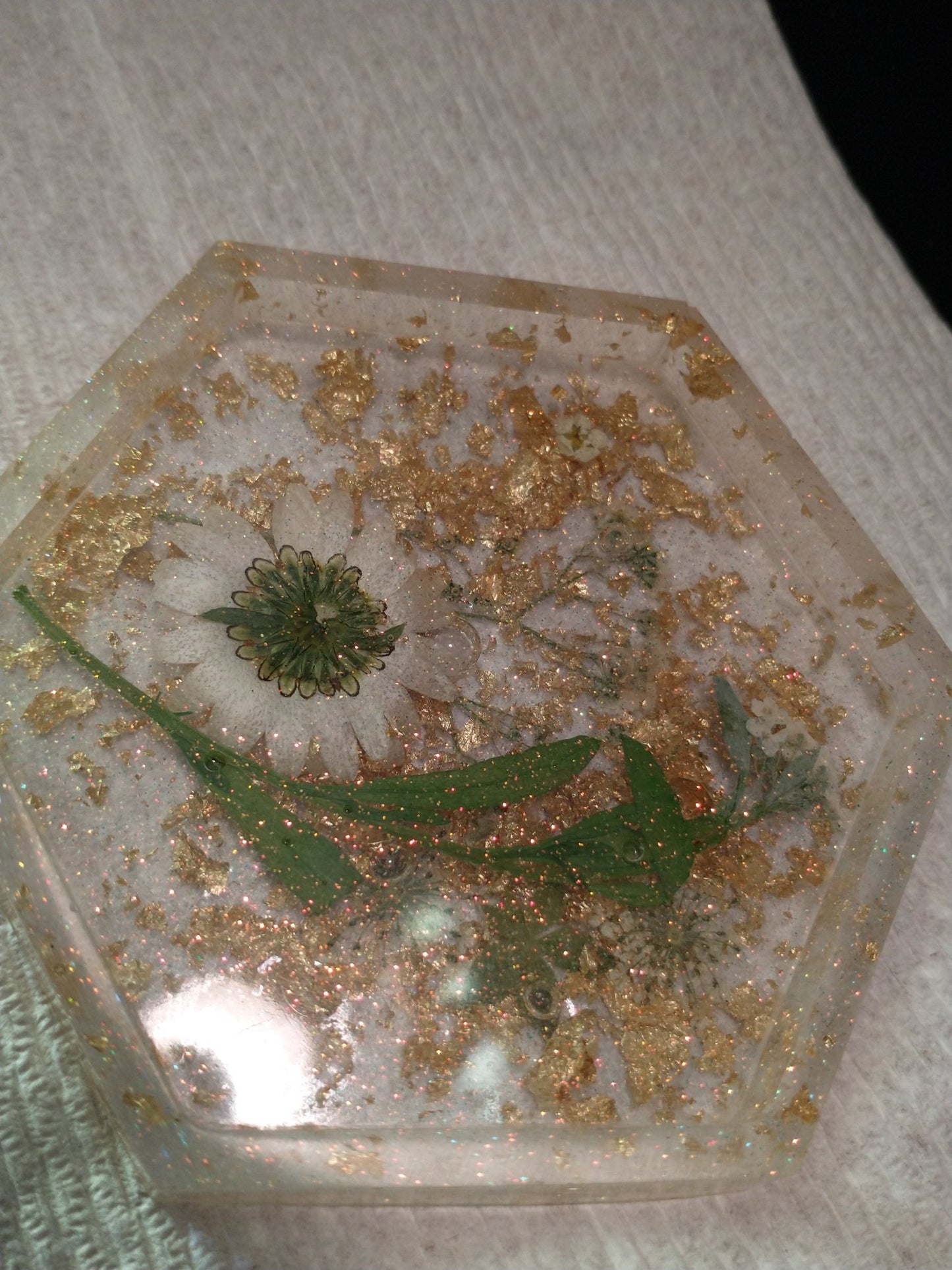 Gold Flake and Flower Coaster - Merlscreations