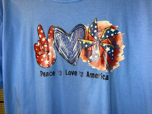 Large Blue peace love America t-shirt