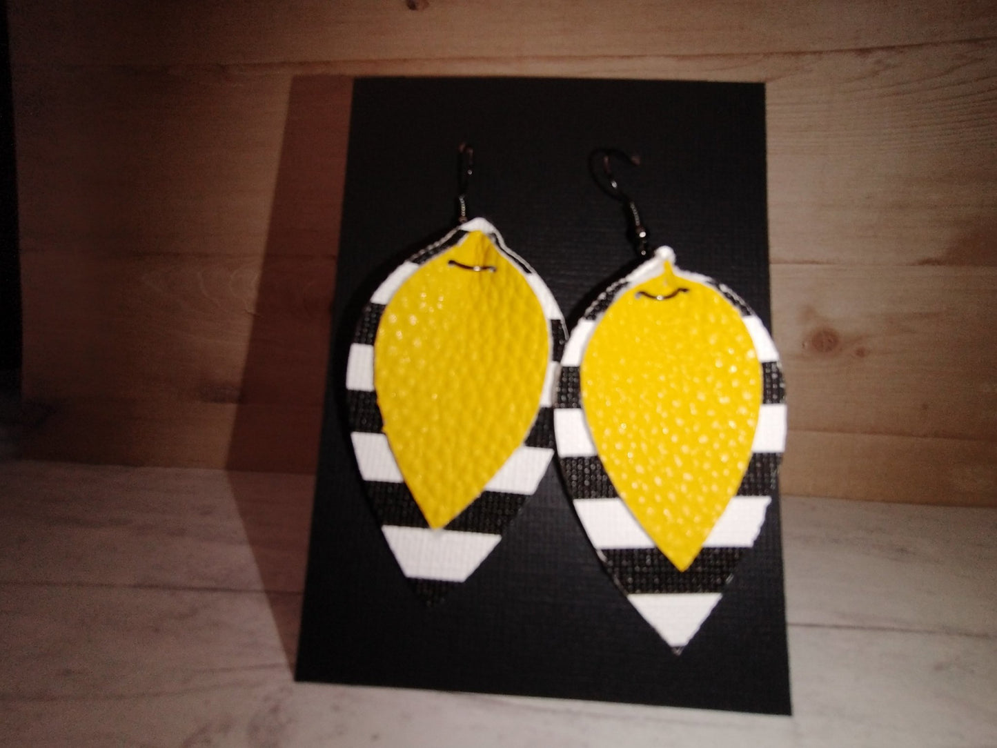 Mustard Yellow & White/Black Strips Faux Leather Earrings - Merlscreations