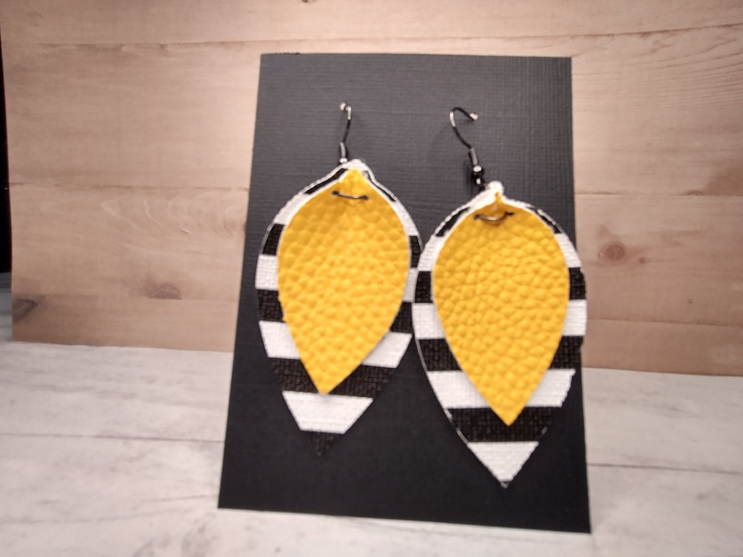 Mustard Yellow & White/Black Strips Faux Leather Earrings - Merlscreations